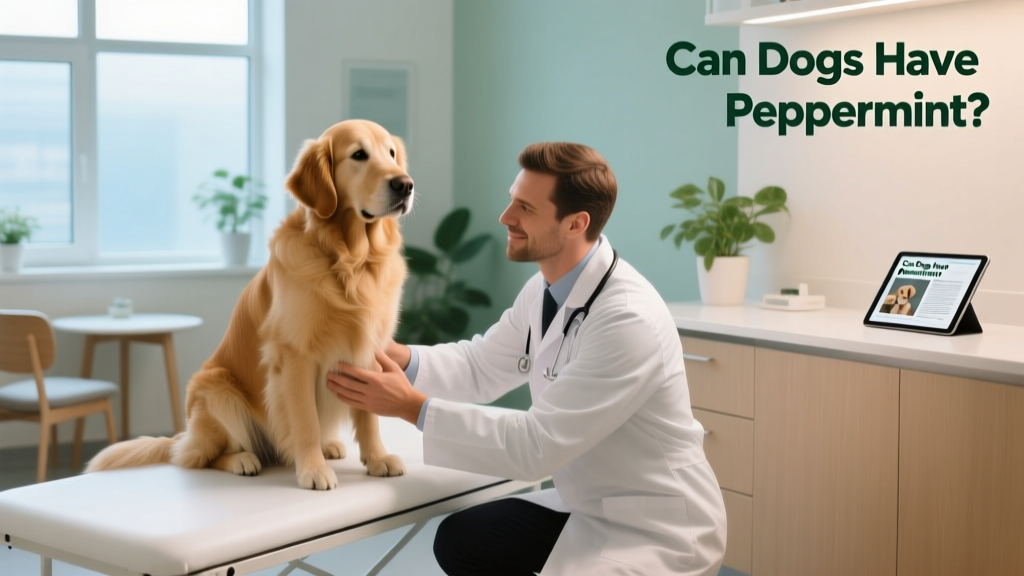 Veterinarian calmly examining a calm, seated dog in a well-lit exam room