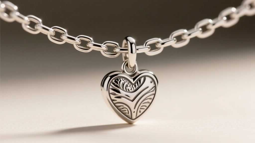 Macro shot of a 2.0mm sterling silver rolo chain linking to a textured James Avery heart charm, showing precise soldered joints.