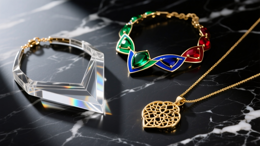 Flat lay of three distinct statement necklaces featuring lucite, cold enamel, and gold vermeil, arranged on a dark marble surface