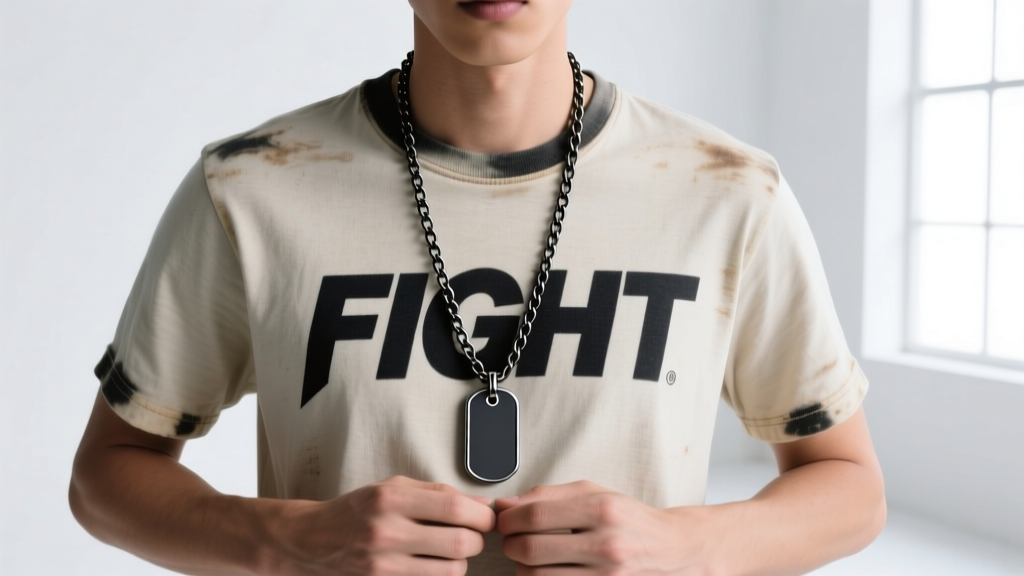 Model layering a 20-inch black steel dog tag chain with a 24-inch titanium fight script pendant over a faded vintage graphic tee