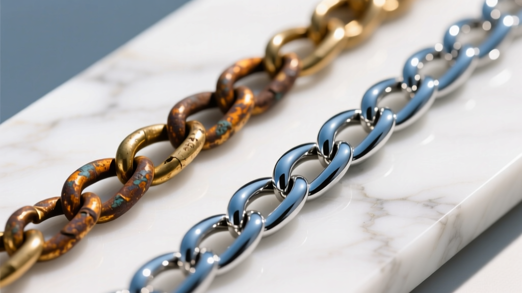 Close-up of a tarnished flash-plated brass chain next to a pristine PVD-coated stainless steel chain resting on a bright white marble surface.