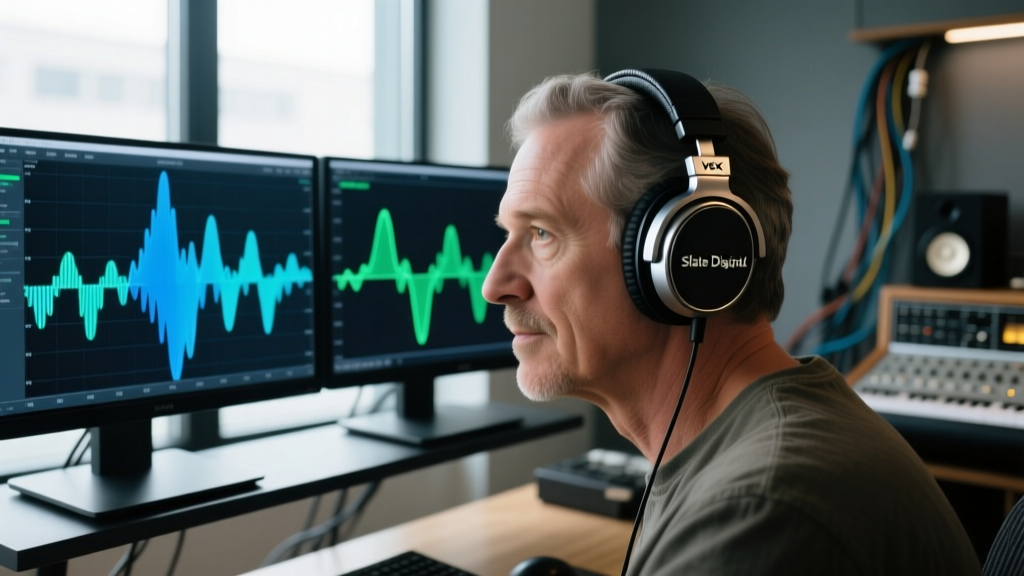 Close-up of a producer wearing Slate Digital VSX headphones while analyzing frequency response curves on a dual-monitor setup