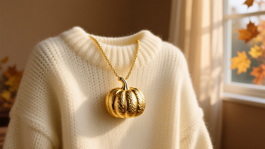 Gold vermeil pumpkin pendant on a 16-inch rope chain, layered over a cream knit sweater in warm autumn lighting