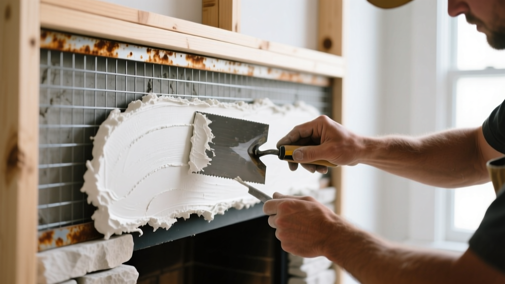 Close-up of a mason applying Type S mortar to metal lath on a framed fireplace surround before installing stacked stone veneer panels