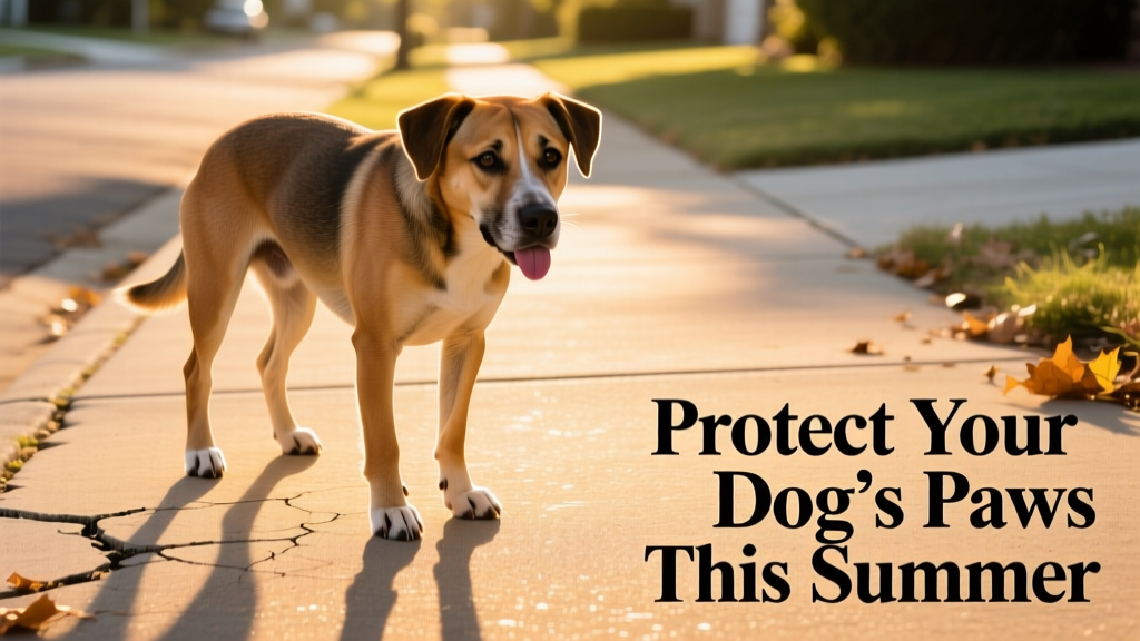 Dog standing cautiously on hot pavement with visible heat shimmer, illustrating surface burn risk