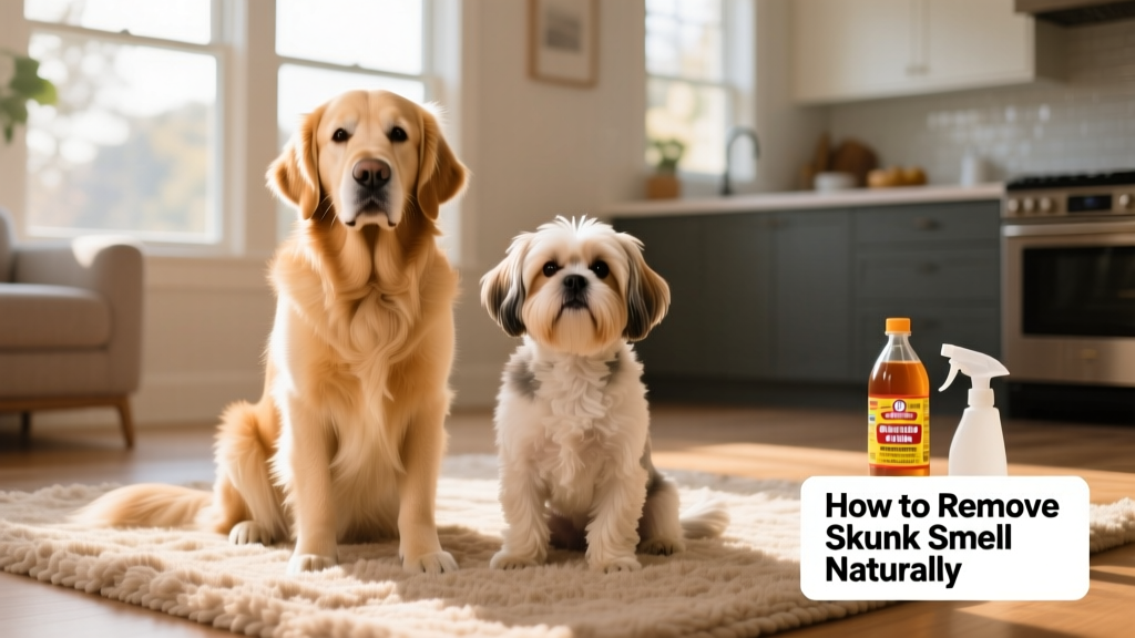 Two happy, clean dogs sitting side-by-side on a sunlit rug, looking relaxed and odor-free