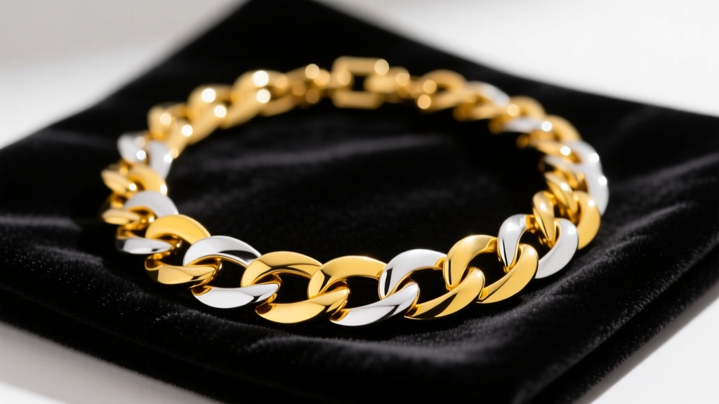Close-up of a faded two-tone yellow and white gold Cuban link necklace chain resting on a dark velvet jewelry polishing cloth