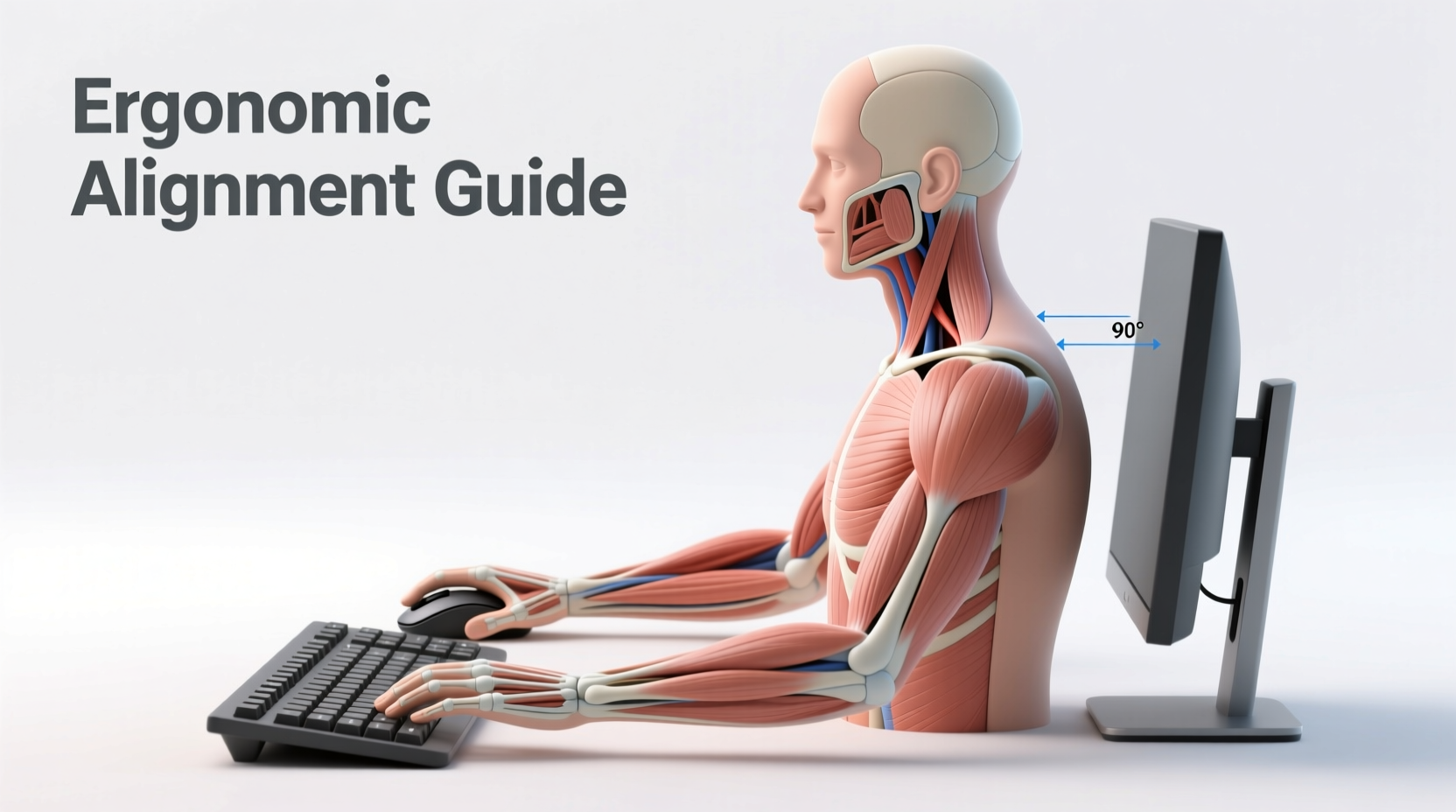 Side-view illustration showing correct ergonomic alignment: shoulders relaxed, elbows bent 90°, forearms parallel to floor, wrists straight (not bent up/down or side-to-side), split keyboard angled outward, vertical mouse held with thumb supporting base and palm facing inward