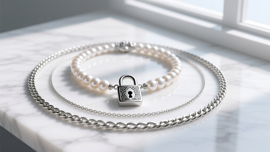 Flat lay of layered sterling silver necklaces featuring a central lock pendant, a pearl choker, and a rope chain on white marble