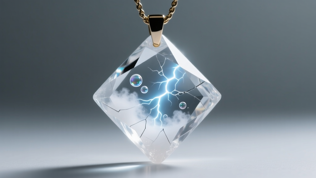 Macro photography of a cloudy, resin-filled quartz pendant under bright LED light, revealing internal fracture lines and bubbles.
