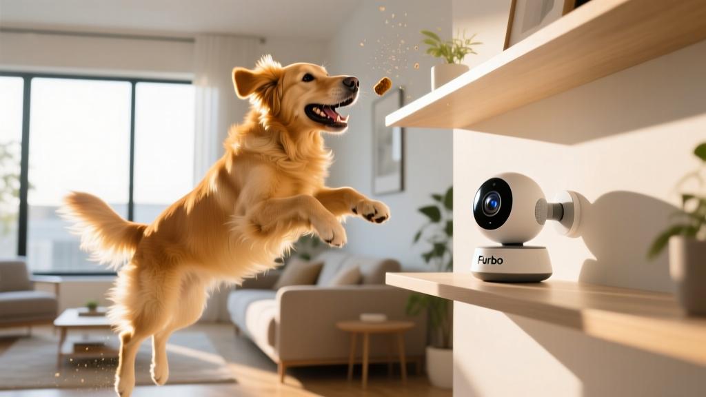 Furbo 360 pet camera mounted on a living room shelf capturing a golden retriever catching a dispensed treat mid-air in natural sunlight
