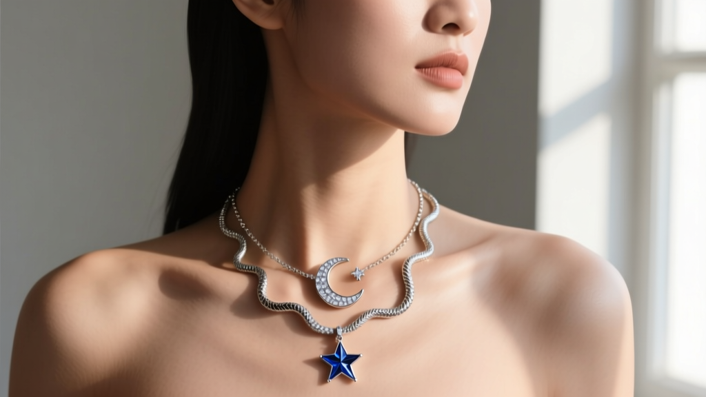 Woman wearing a layered celestial necklace stack with a diamond crescent moon, a star, and a snake chain, shot from the chest up.