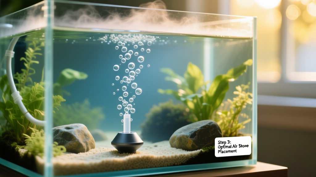 Close-up of an air stone bubbling steadily in a freshwater aquarium