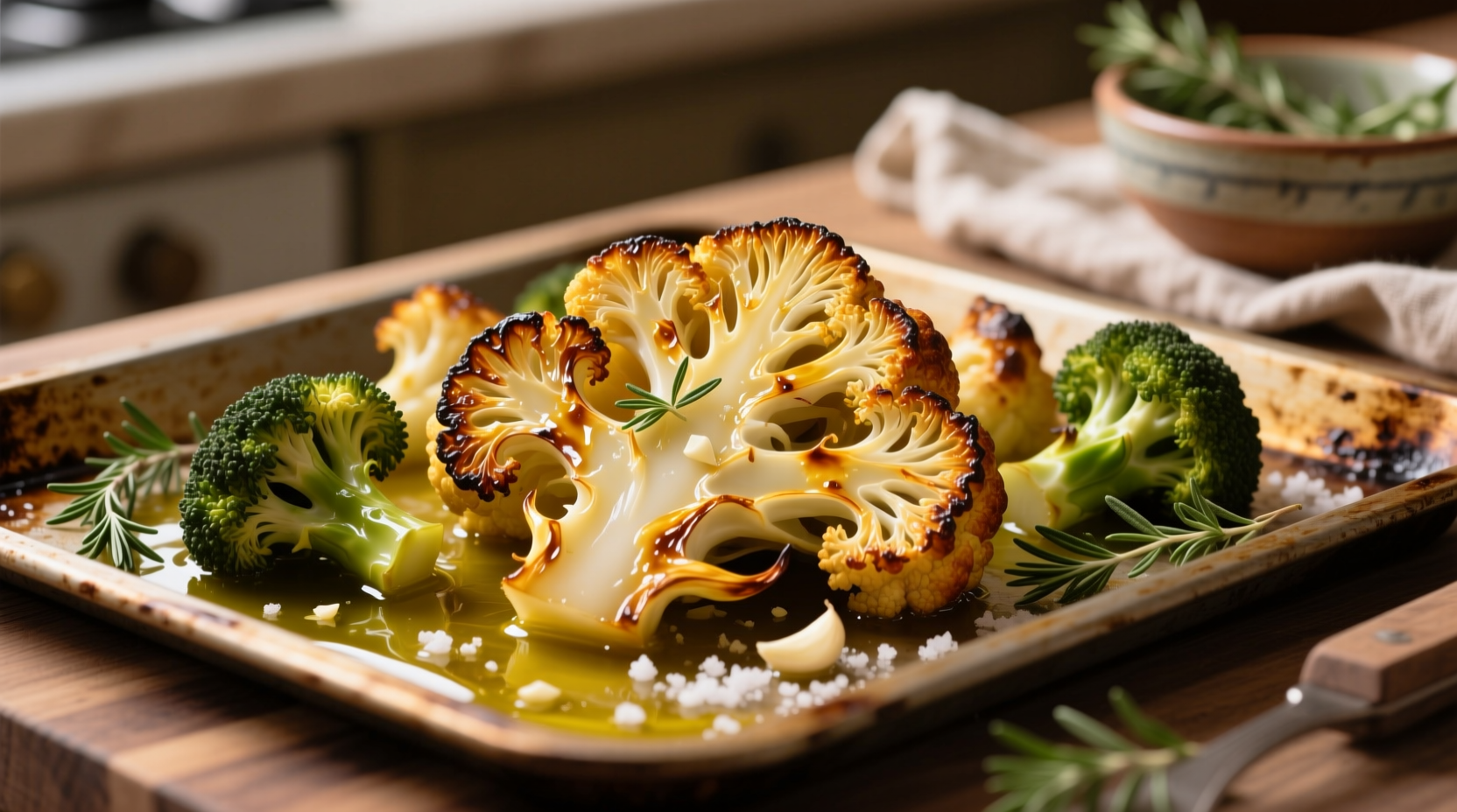 Golden roasted cauliflower and broccoli on baking sheet
