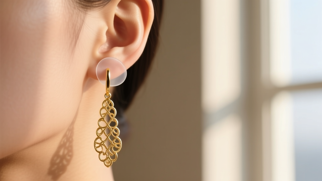 Close-up of an earlobe wearing a long gold dangle earring supported by a clear silicone patch to prevent sagging and tearing