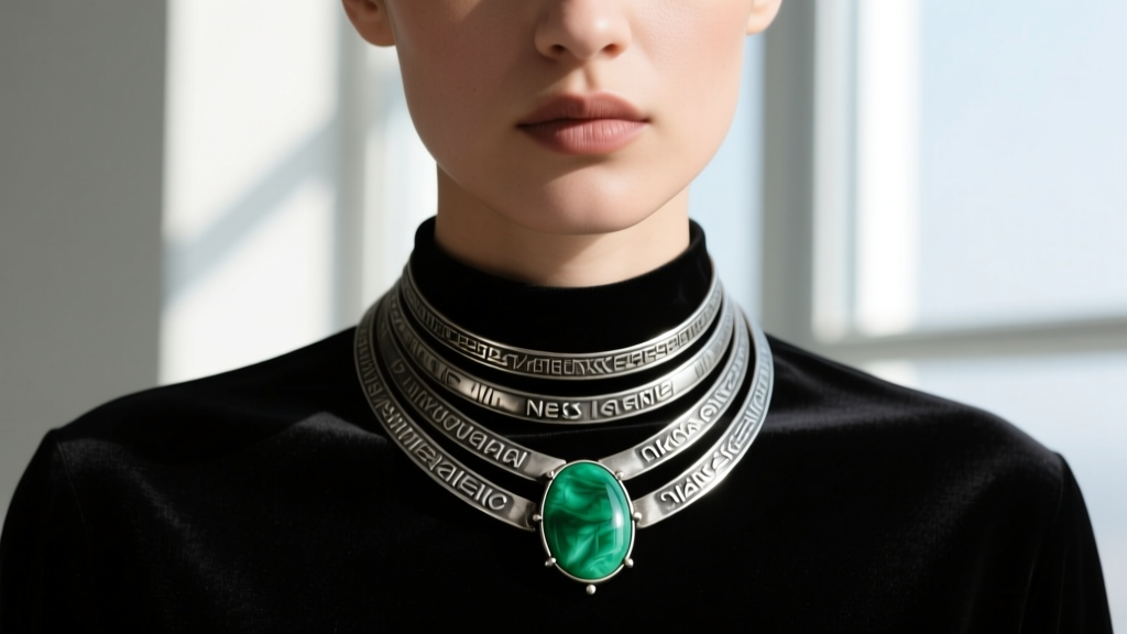 Person wearing a layered mossa necry talkie necklace stack with oxidized silver hardware and green moss agate over black fabric