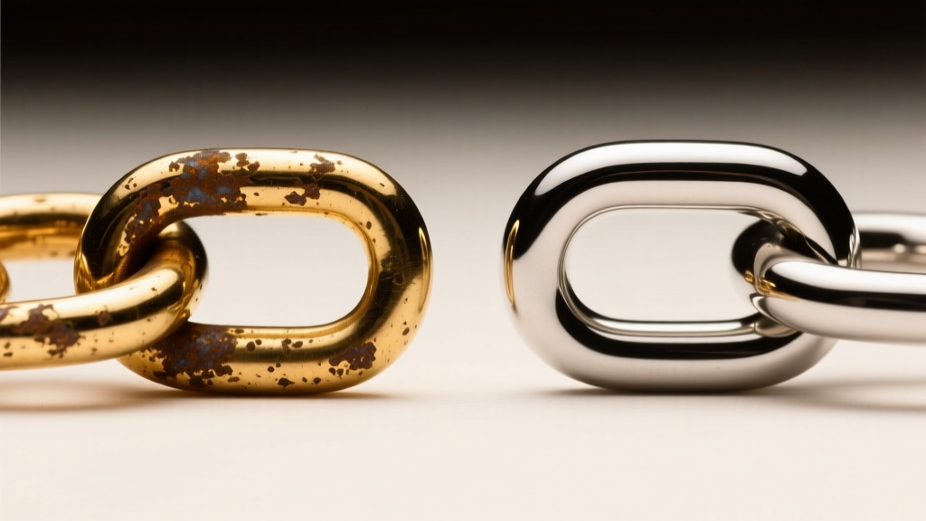 Close-up of a tarnished vermeil chain link beside a pristine PVD-coated stainless steel link under bright, warm studio lighting.