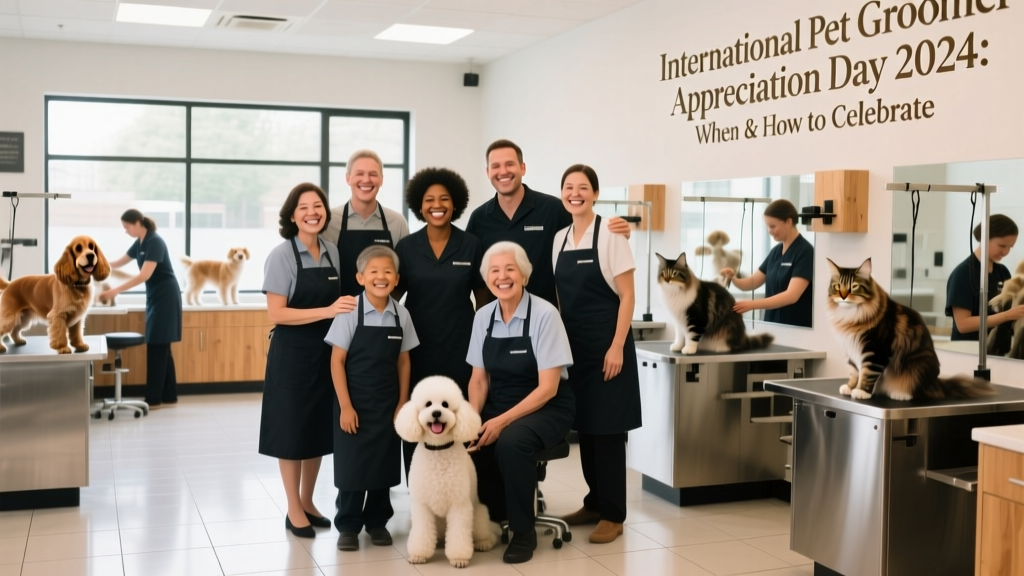 A diverse group of professional pet groomers smiling together in front of a clean, welcoming grooming studio with pets visible in the background