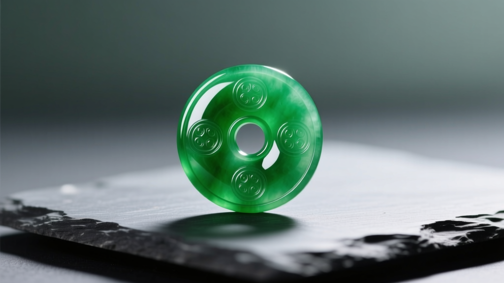 Vibrant green jadeite pendant carved as a traditional bi disc resting on dark slate under soft directional studio lighting