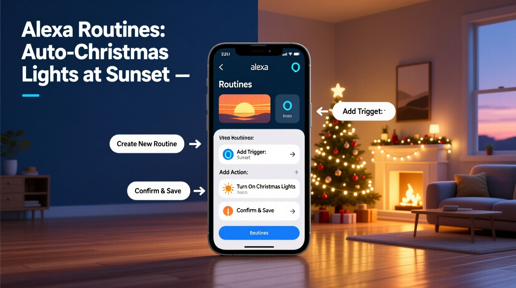 how to use alexa routines to turn on christmas lights at sunset automatically