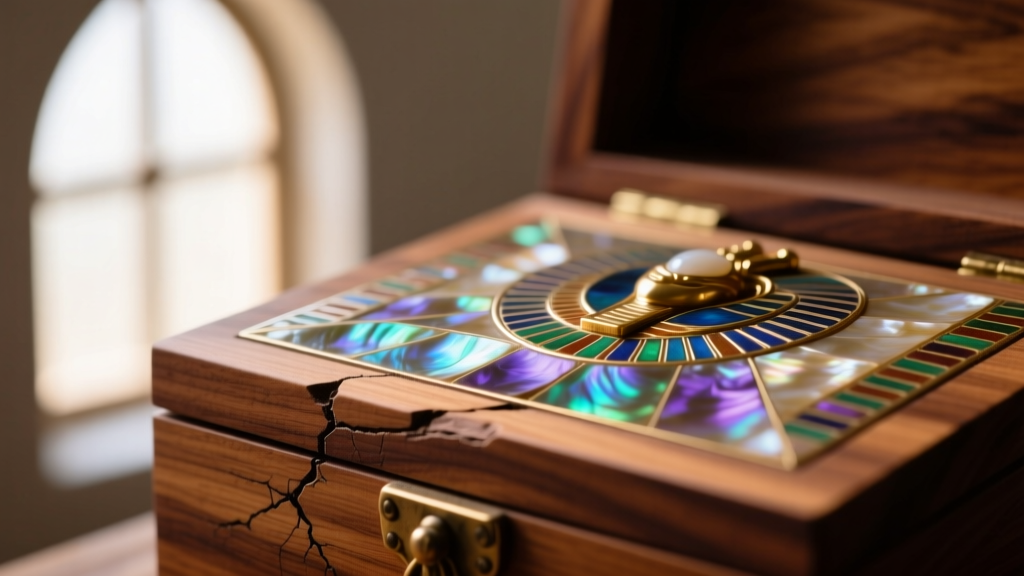 Macro view of mother-of-pearl inlay lifting from the cedar base of an Egyptian jewelry box due to low humidity wood shrinkage