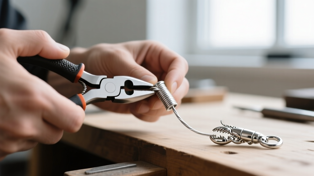 Jeweler using crimping pliers to fold a sterling silver tube crimp over a nylon-coated wire near a polished silver lobster clasp.
