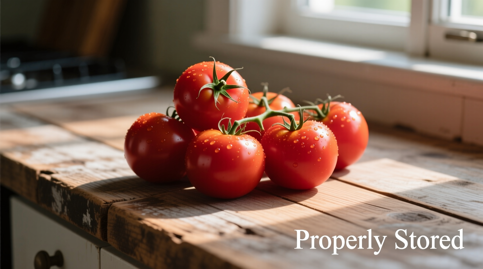 Tomatoes stored properly on wooden countertop