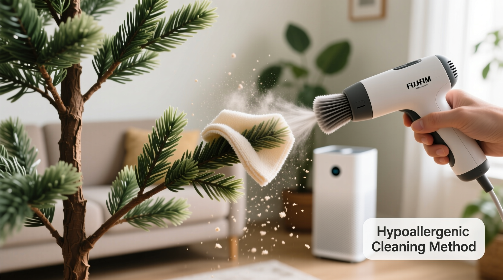 how to clean dusty artificial tree branches without triggering allergies or shedding microfibers