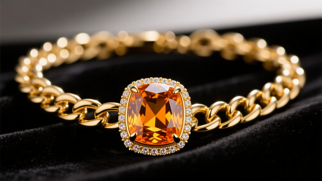 Close-up of a heavy 18k yellow gold chunky jewel necklace featuring a large bezel-set citrine pendant resting on dark velvet.
