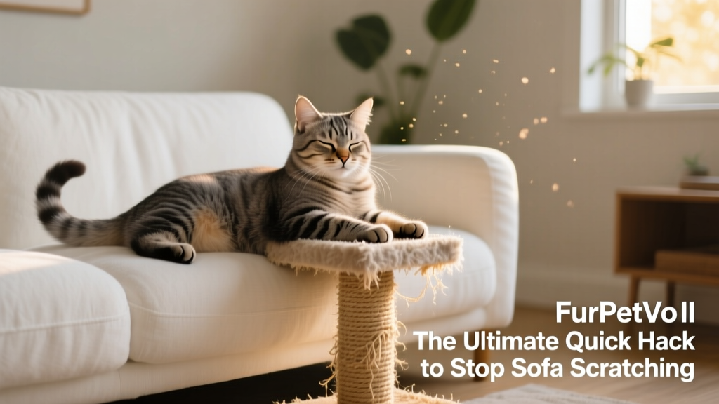 Happy cat lounging on a clean sofa beside a well-used FurPetVo scratching post, both looking relaxed and content