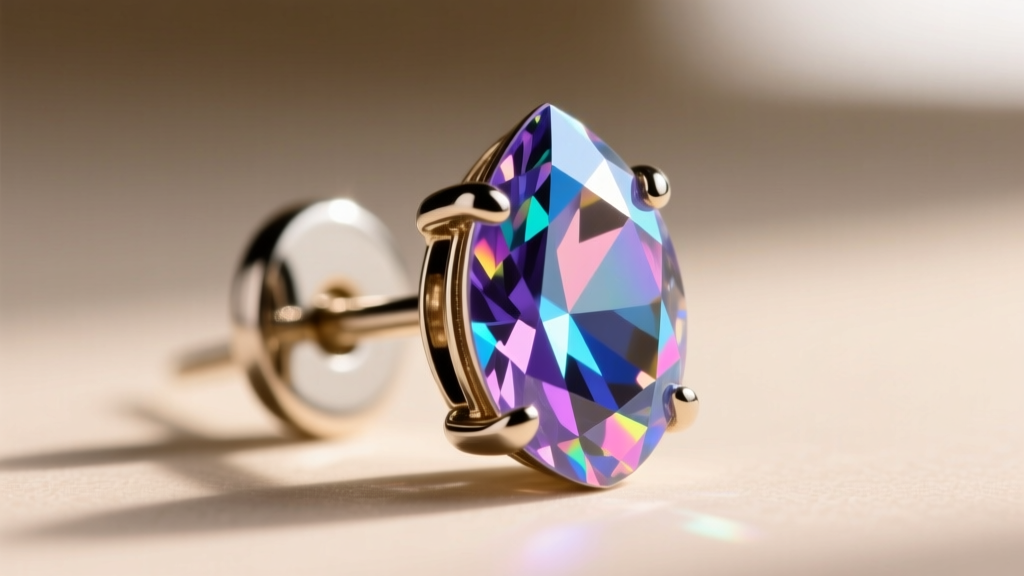 Macro shot of vintage Marcel Boucher earring back showing secure metal prongs holding a marquis-cut Aurora Borealis rhinestone.