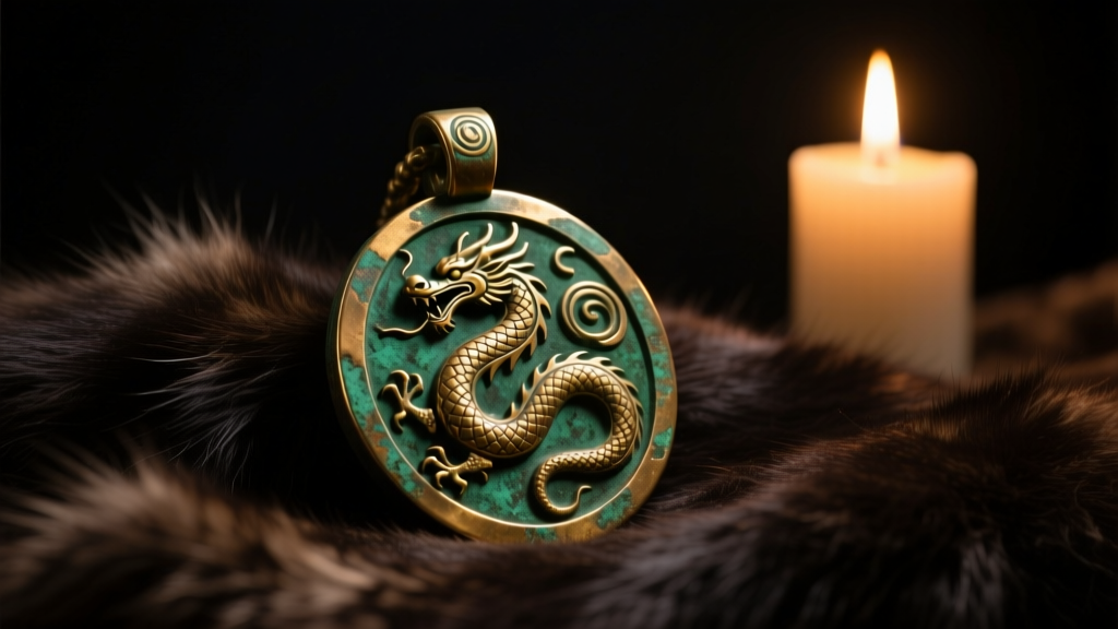 Bronze Amulet of Talos replica on dark fur, lit by candlelight to highlight the carved dragon emblem and oxidized metal textures
