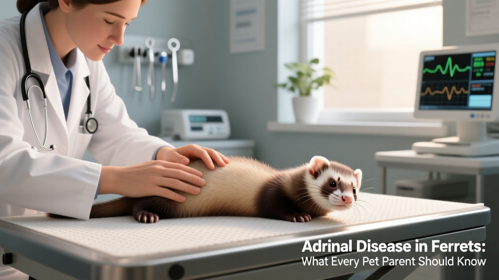 Veterinarian gently palpating a ferret’s abdomen during a wellness exam