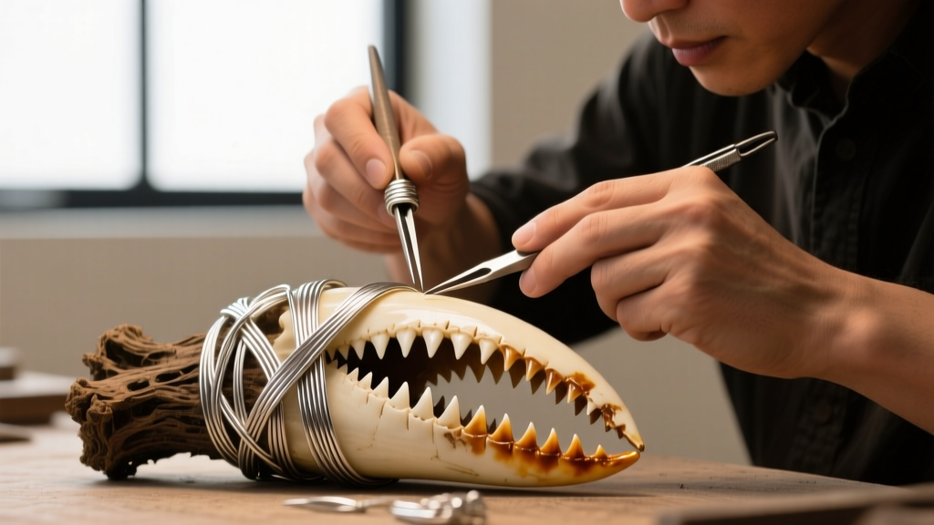 Jeweler crafting a custom 18-gauge sterling silver wire wrap bail around the root of a large, heavy Carcharocles megalodon tooth