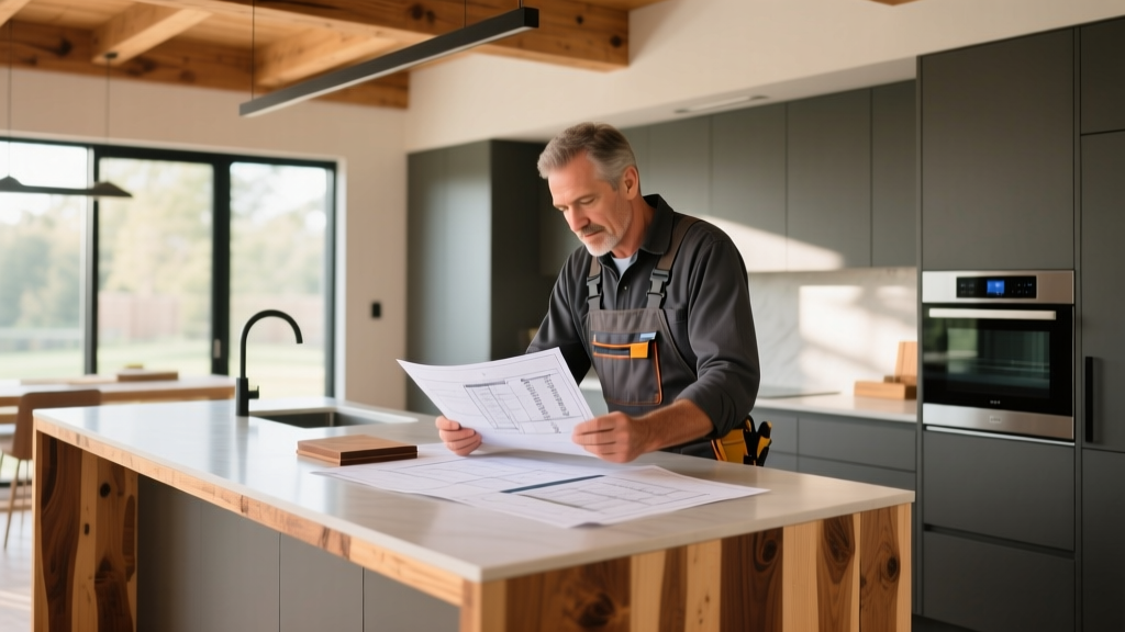Owner-builder reviewing blueprints and material cost spreadsheets on a kitchen island with exposed wood framing in the background