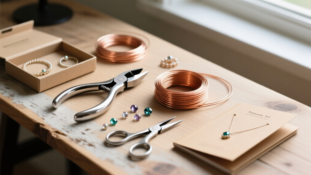 Overhead flat lay of an open premium DIY jewelry craft kit on a wooden desk, showing gleaming steel pliers and copper wire coils
