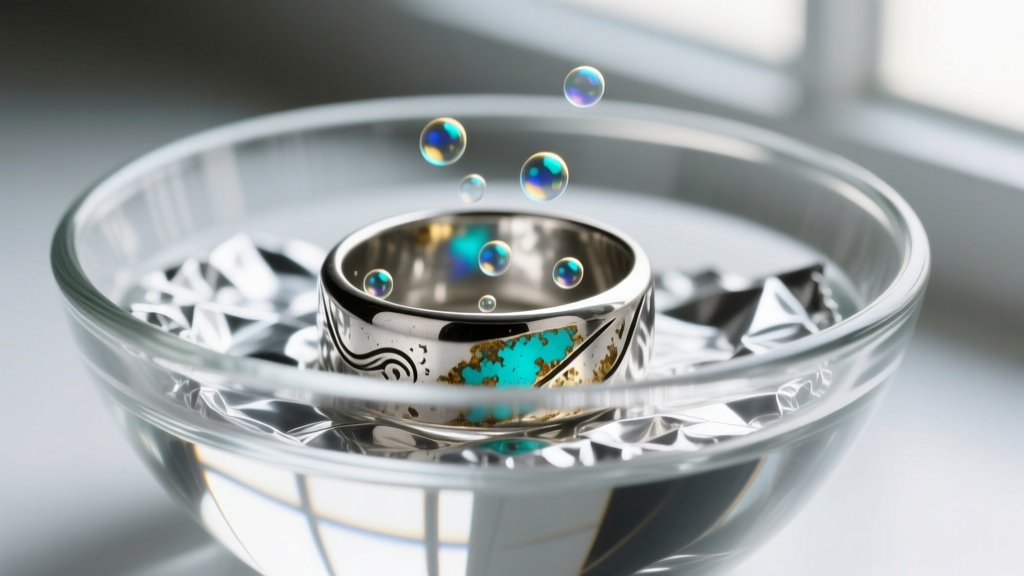 Close-up of a tarnished sterling silver ring in a glass bowl lined with aluminum foil, showing a bubbling electrochemical reaction