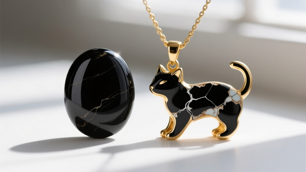 Macro photography comparing a genuine polished black onyx cabochon next to a chipped black enamel spot on a gold feline pendant