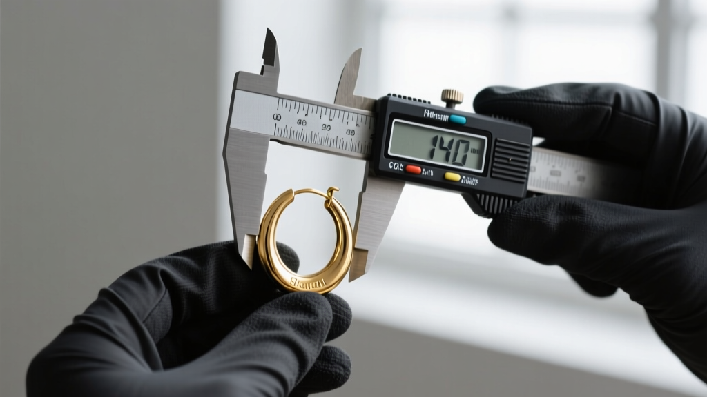Piercer using digital calipers to measure the inner diameter of a 14k gold hoop intended for a snug cartilage piercing setup
