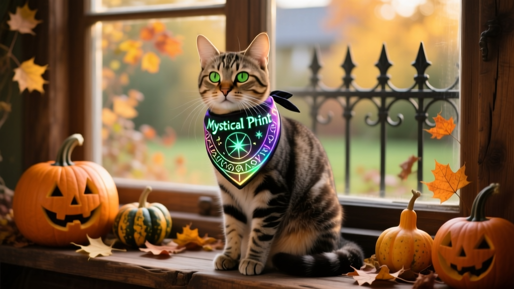 A tabby cat wearing a glowing 'Mystical Print' bandana, sitting calmly on a pumpkin-decorated windowsill