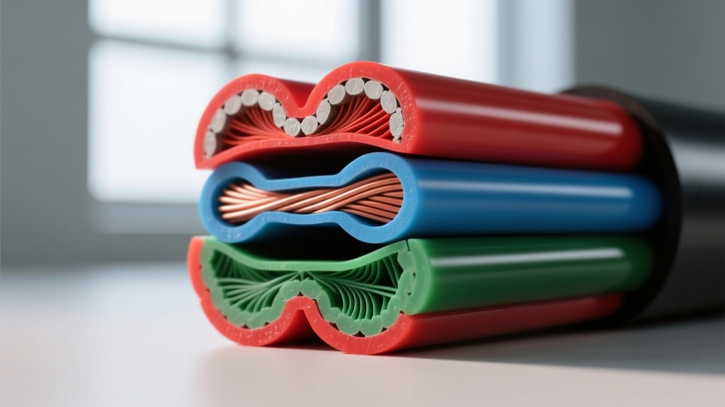 Cross-section of heavy-duty commercial electrical cables showing distinct PVC, XLPE, and EPR insulation layers in vibrant colors