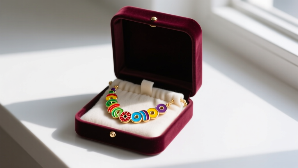 Open velvet jewelry box displaying a colorful enamel fruit loop necklace safely stored in an individual anti-tarnish flannel pouch