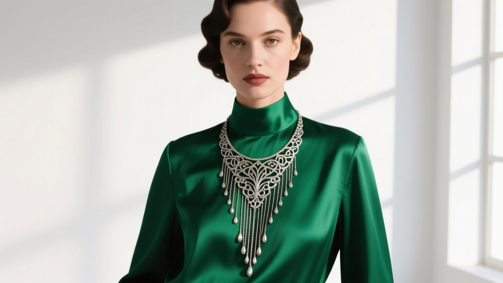 Model wearing a 1920s filigree lariat necklace over an emerald green silk blouse, showcasing the drop length and metal drape