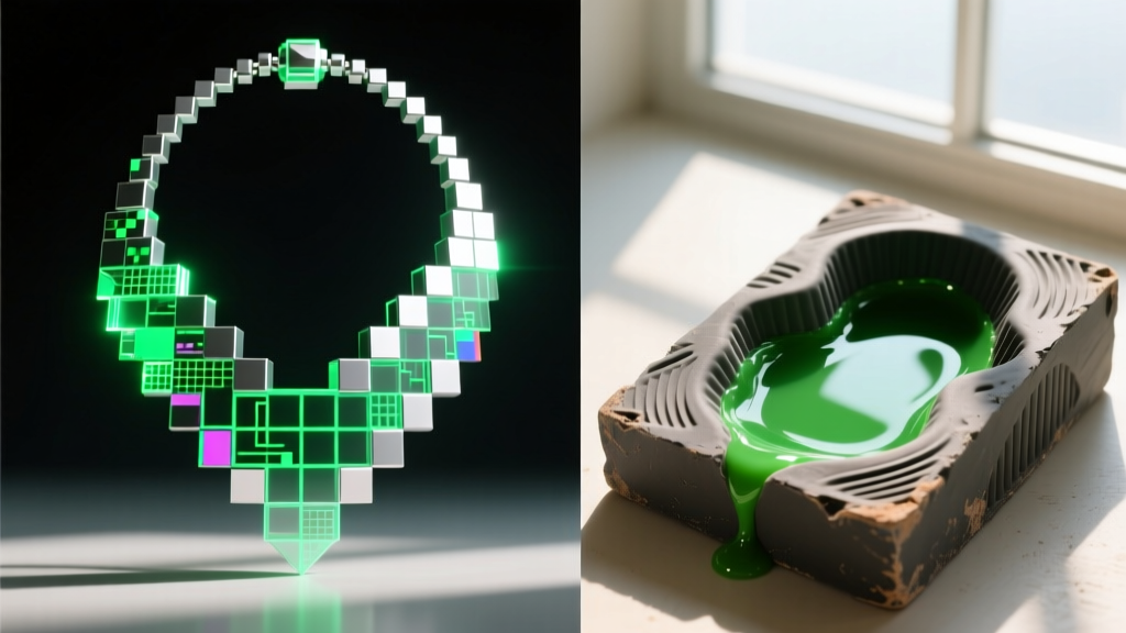 Split image showing a pixelated game necklace mould and a real-world vulcanized rubber jewelry mold filled with green casting wax