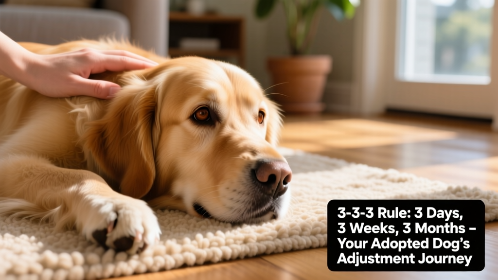 Close-up of a dog’s relaxed face with soft eyes and slightly open mouth, lying on a rug beside their human’s hand
