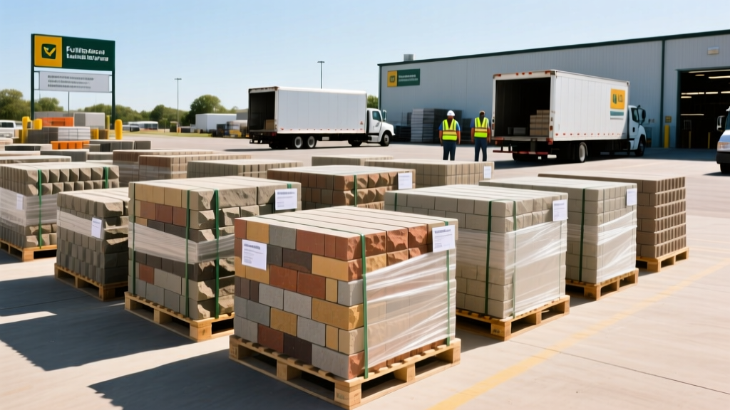 Pallets of manufactured stone veneer and segmental retaining wall blocks staged at a bustling regional building materials supply yard