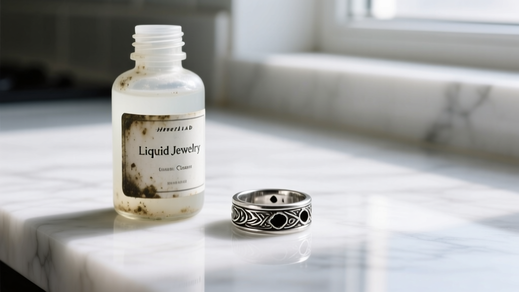 Close-up of a cloudy bottle of expired liquid jewelry cleaner beside a heavily tarnished silver ring on a white marble countertop