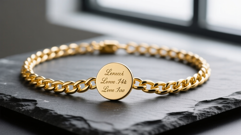 Close-up of a 14k yellow gold wheat chain necklace on dark slate, featuring a disc pendant with delicate laser-engraved names.