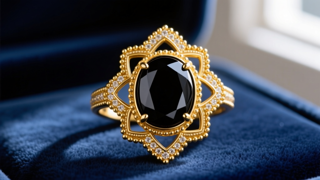 Close-up of an 18k yellow gold Vintage Alhambra onyx motif on velvet, showing the precise milgrain bezel and deep black stone.