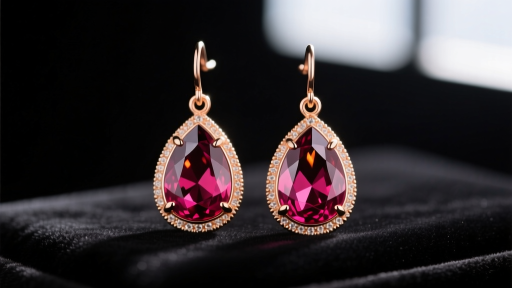 Macro shot of 18k rose gold drop earrings with pear-cut rhodolite garnets on dark velvet under soft directional lighting